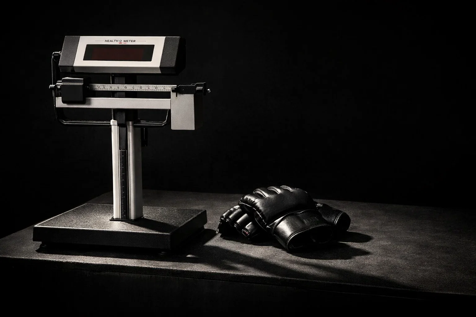 Báscula de pesaje oficial de UFC antes de un evento con guantes de MMA al lado