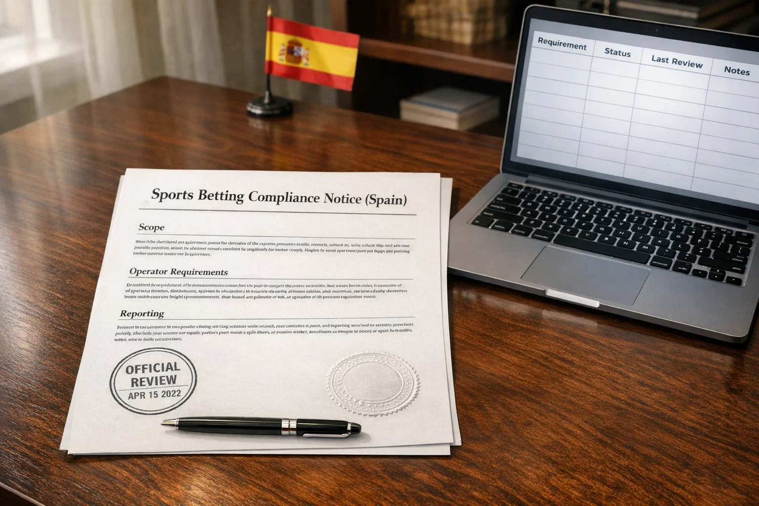Documento oficial de licencia de la DGOJ sobre la mesa de un analista de apuestas deportivas en España