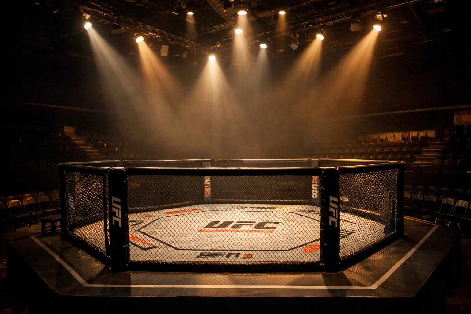 Octágono de UFC preparado para una velada Fight Night con iluminación lateral