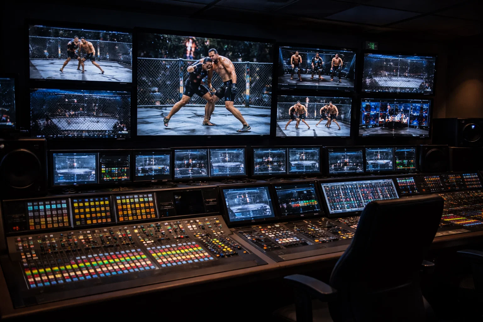 Sala de control de producción televisiva durante una transmisión en directo de un evento UFC