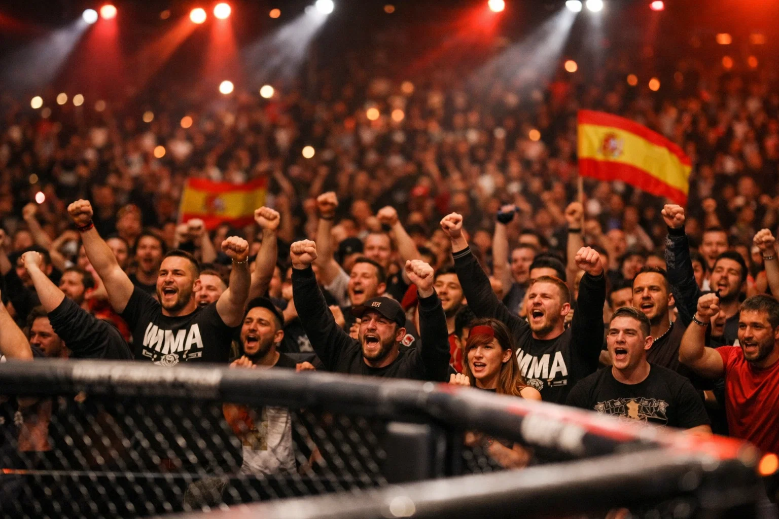Público español celebrando durante un evento de artes marciales mixtas en un pabellón deportivo
