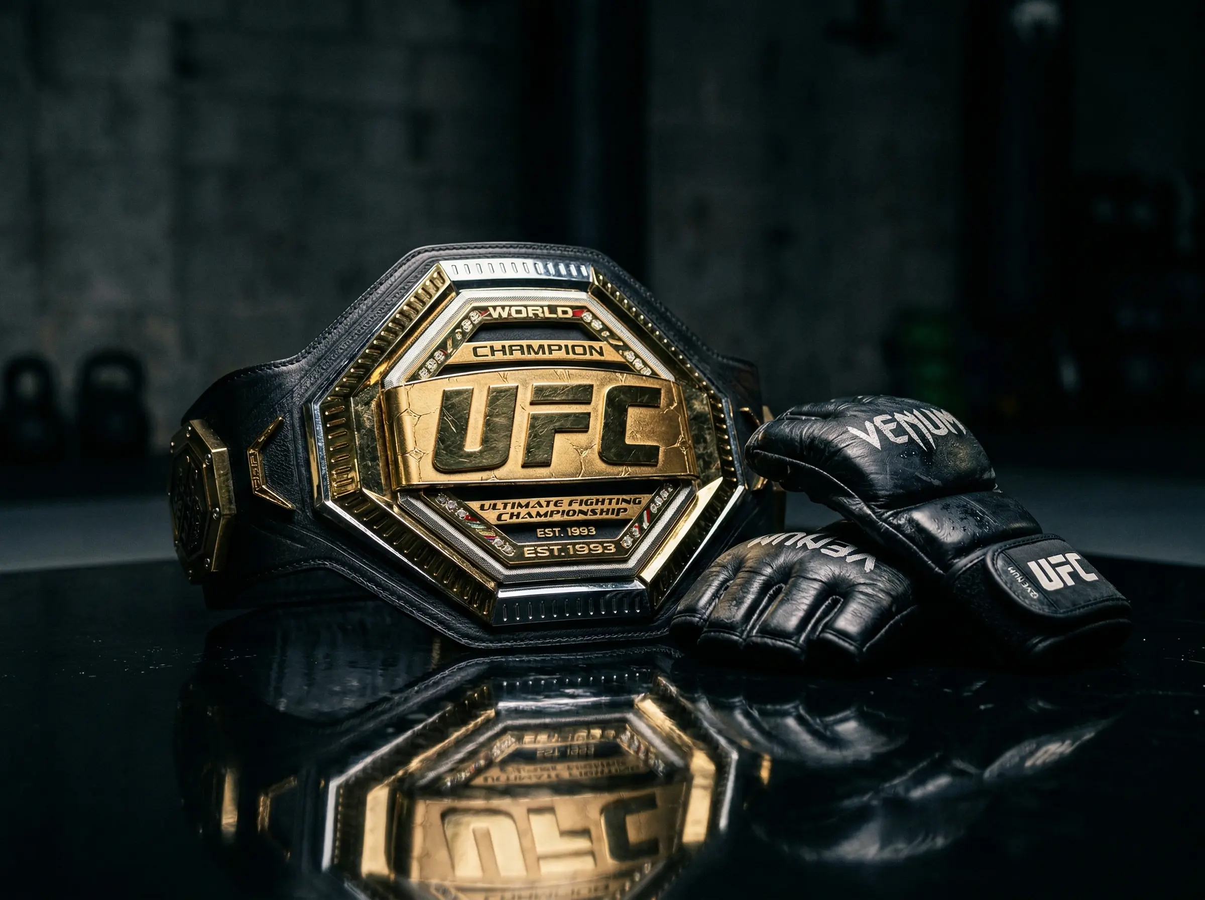 Cinturón de campeón UFC sobre superficie oscura con guantes de MMA al lado