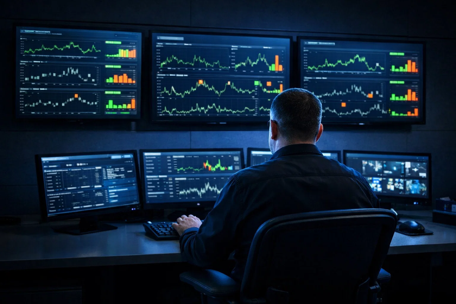 Centro de monitoreo con múltiples pantallas mostrando datos de seguimiento de apuestas en combates de MMA