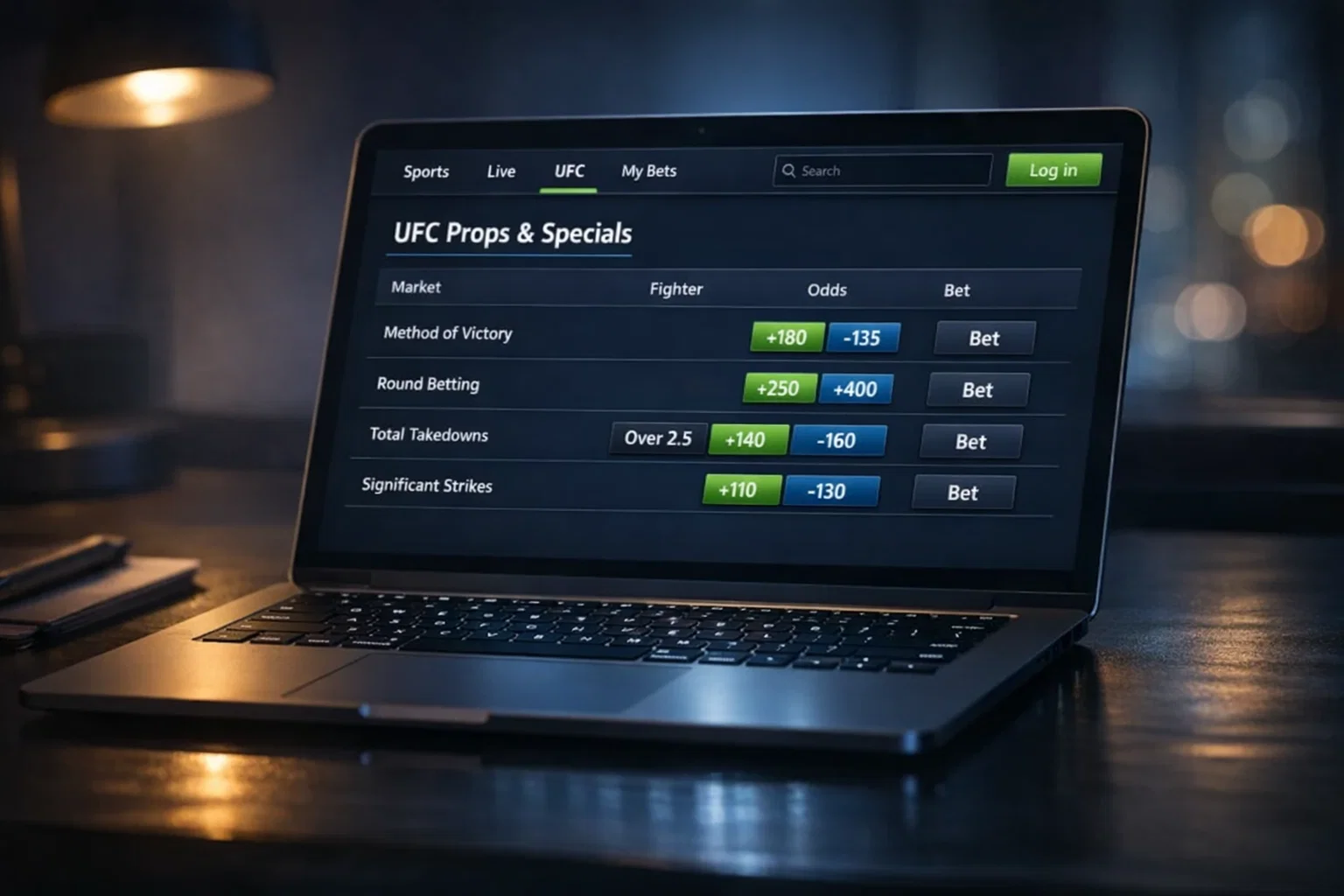 Pantalla de operador de apuestas mostrando múltiples mercados disponibles para un evento UFC