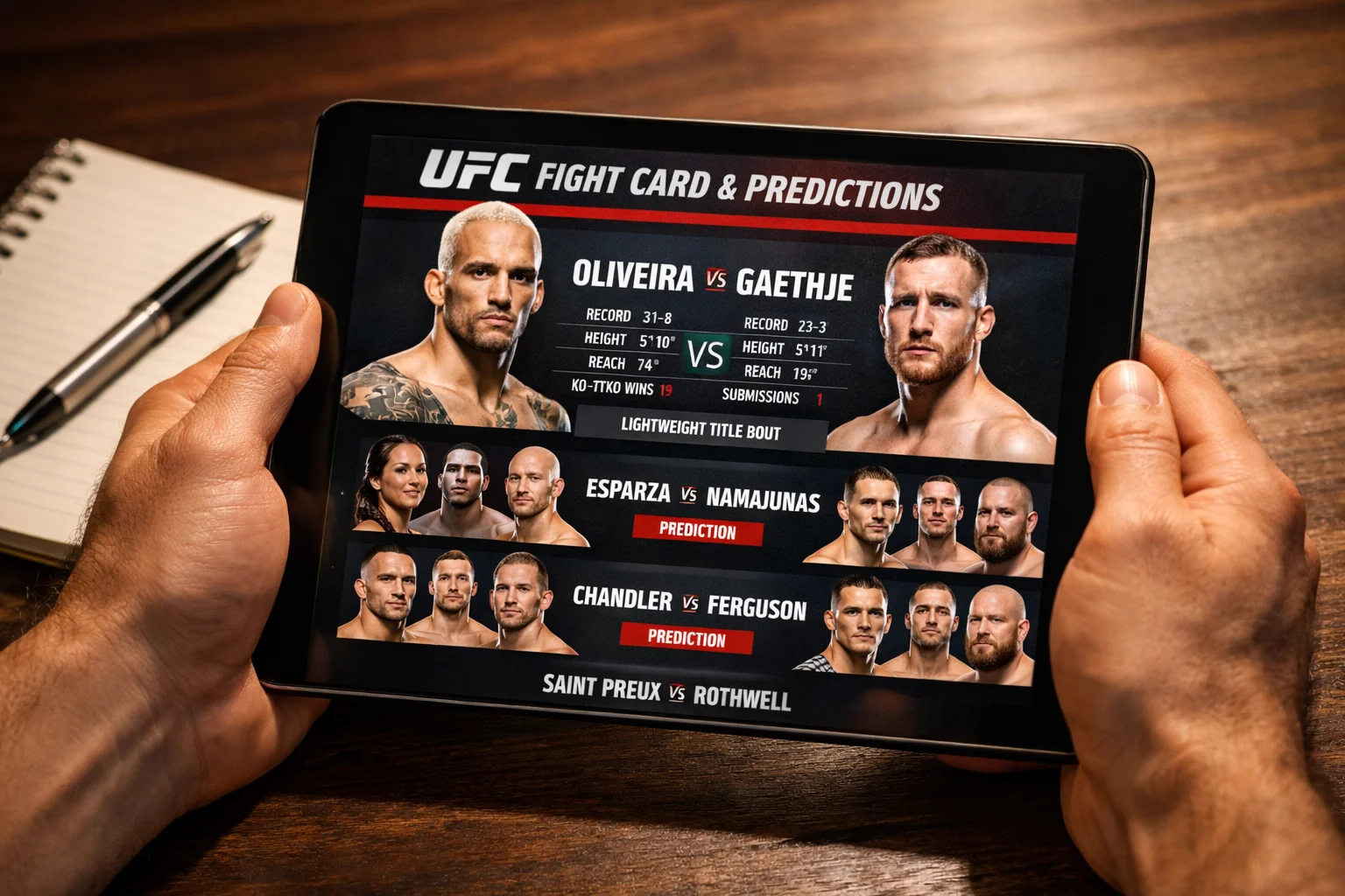 Analista evaluando cartelera UFC con estadísticas de peleadores para construir pronósticos de apuestas MMA