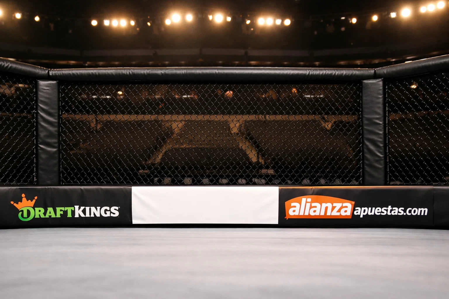 Lateral del octágono UFC con paneles publicitarios de patrocinadores de apuestas deportivas