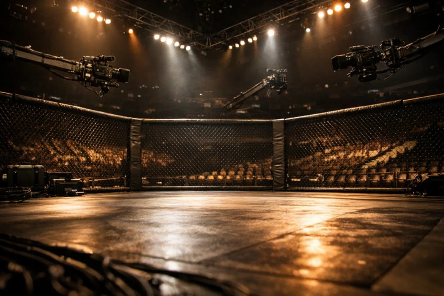 Interior del octágono UFC durante la preparación de un evento con focos e infraestructura de producción